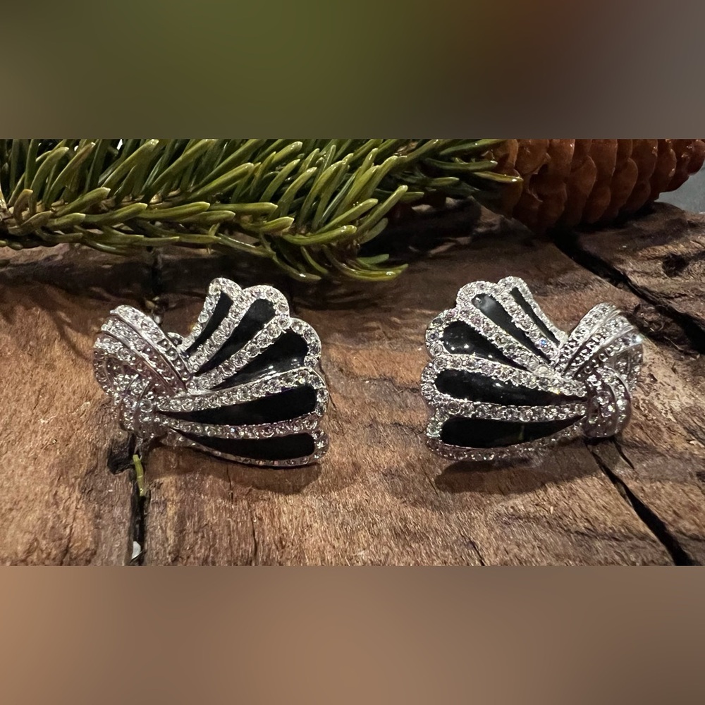 Canadian Butler FAC Swarovski Earrings Clear Crystals Black Enamel Knot Clip On